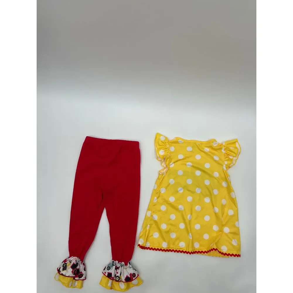 Marie Nicole Clothing 2T Tractor Polka Dot Ruffle Outfit Set Yellow Red Girls
